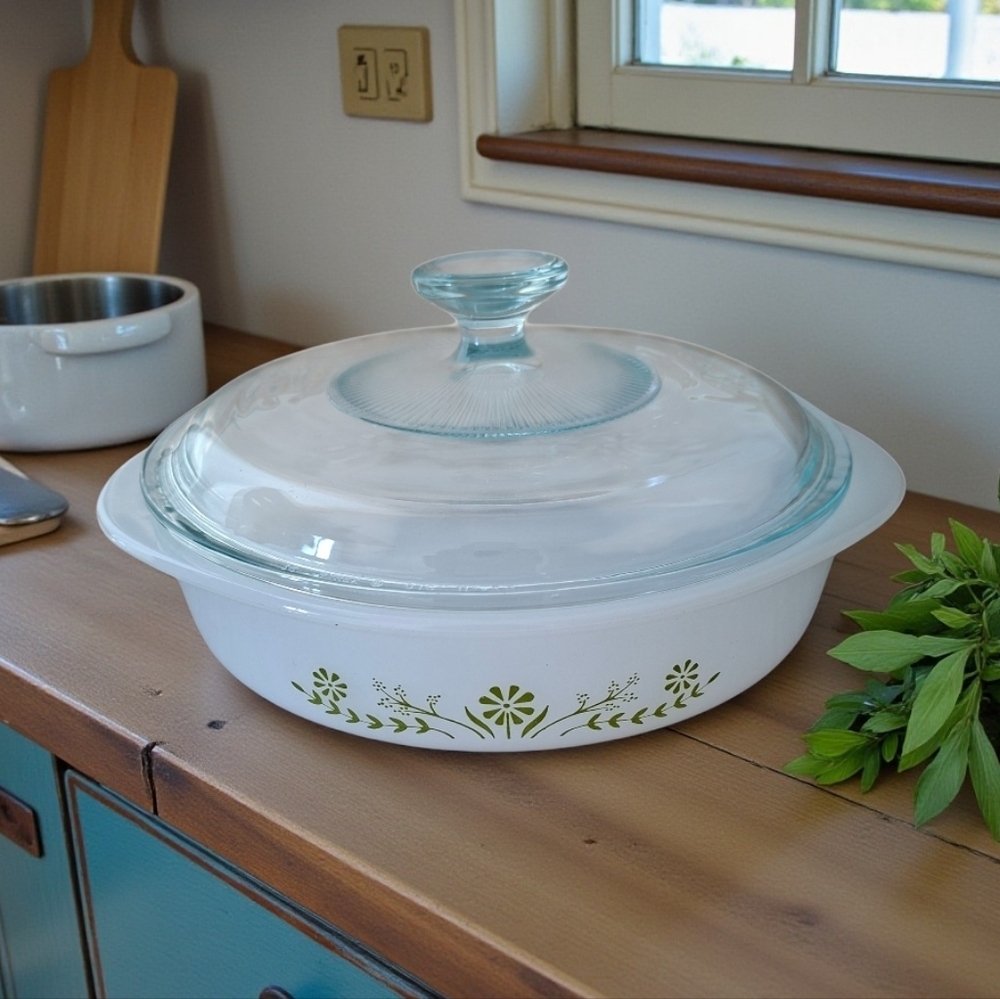 Vtg Glasbake Casserole Dish Green Crazy Daisy Spring Flower Divided Pyrex Lid